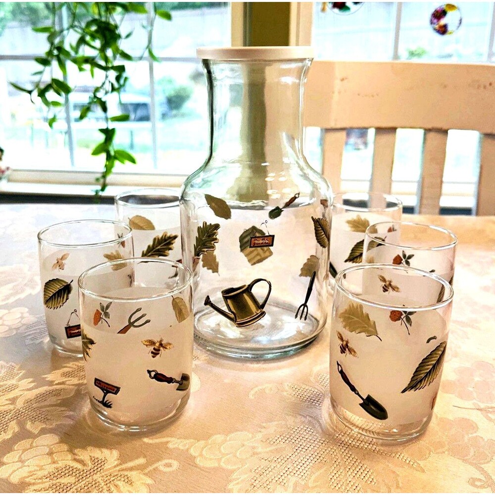 Vintage Libbey Gardening Theme Juice Carafe & 6 Tumblers Glass Set Fall Leaves